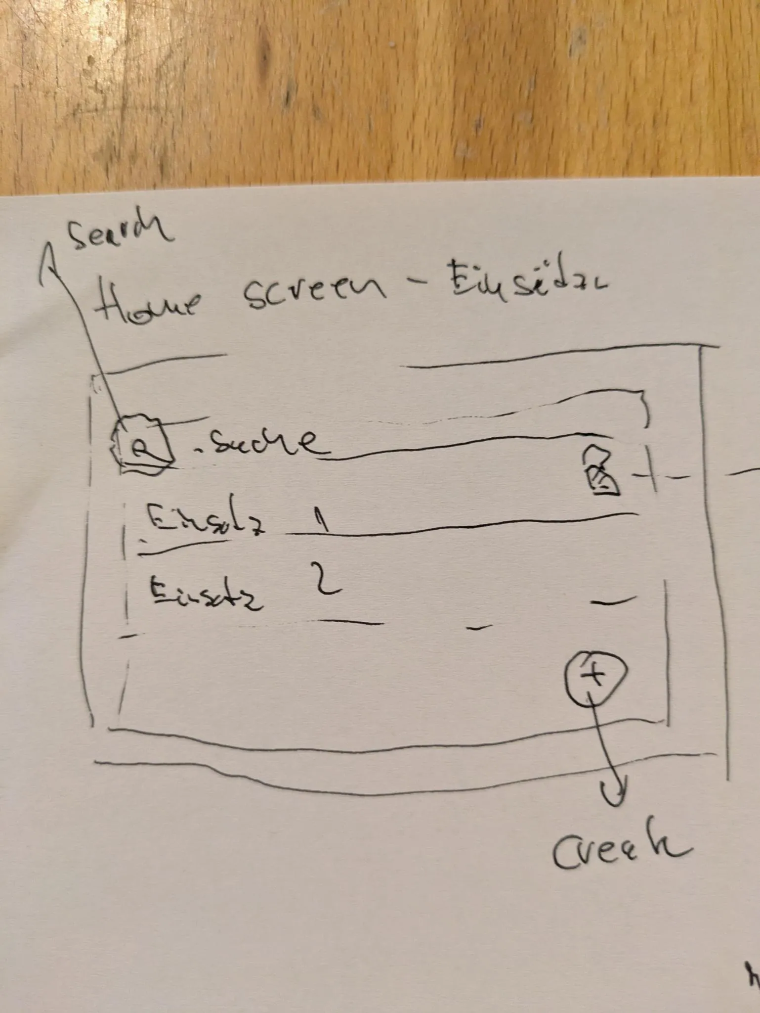 Hand-drawn sketch of the home screen with the incident list