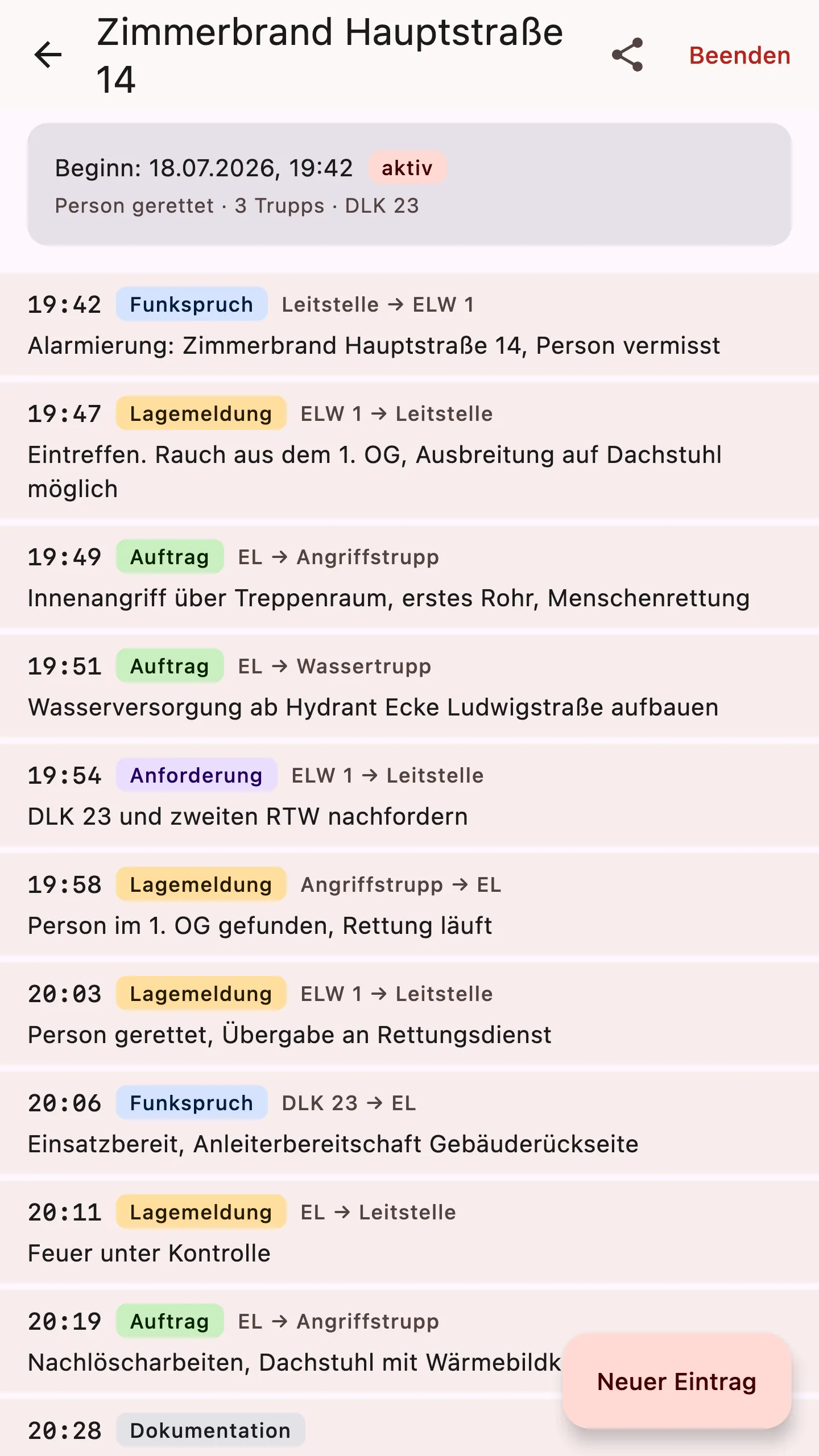 Einsatztagebuch: der chronologische Meldungsstrom