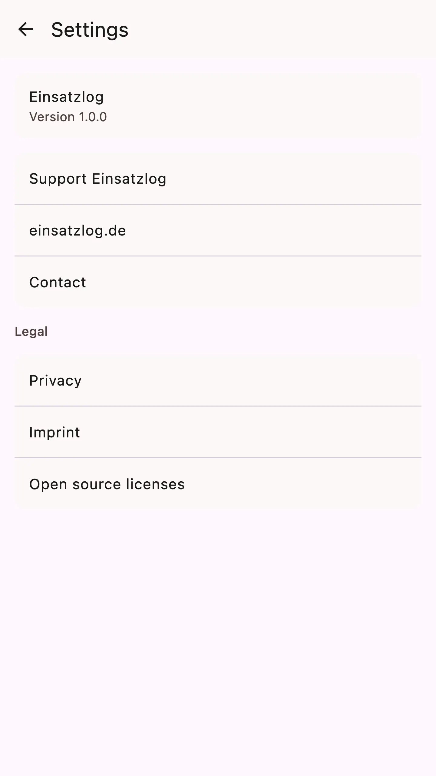 Settings: version, language, legal