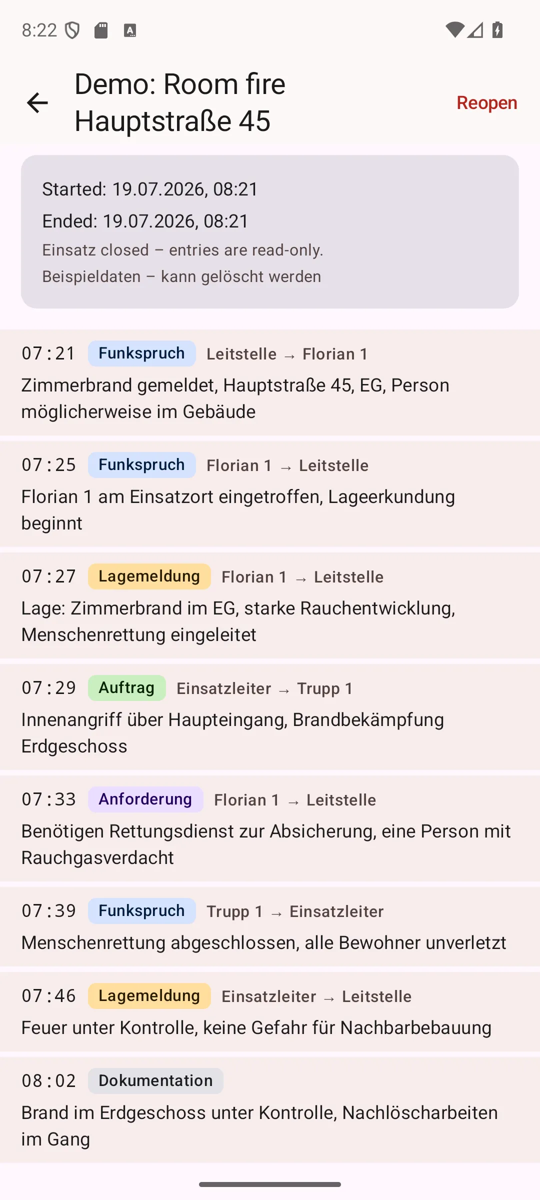 Der Tagebuchbildschirm im hellen Erscheinungsbild mit dem chronologischen Meldungsstrom